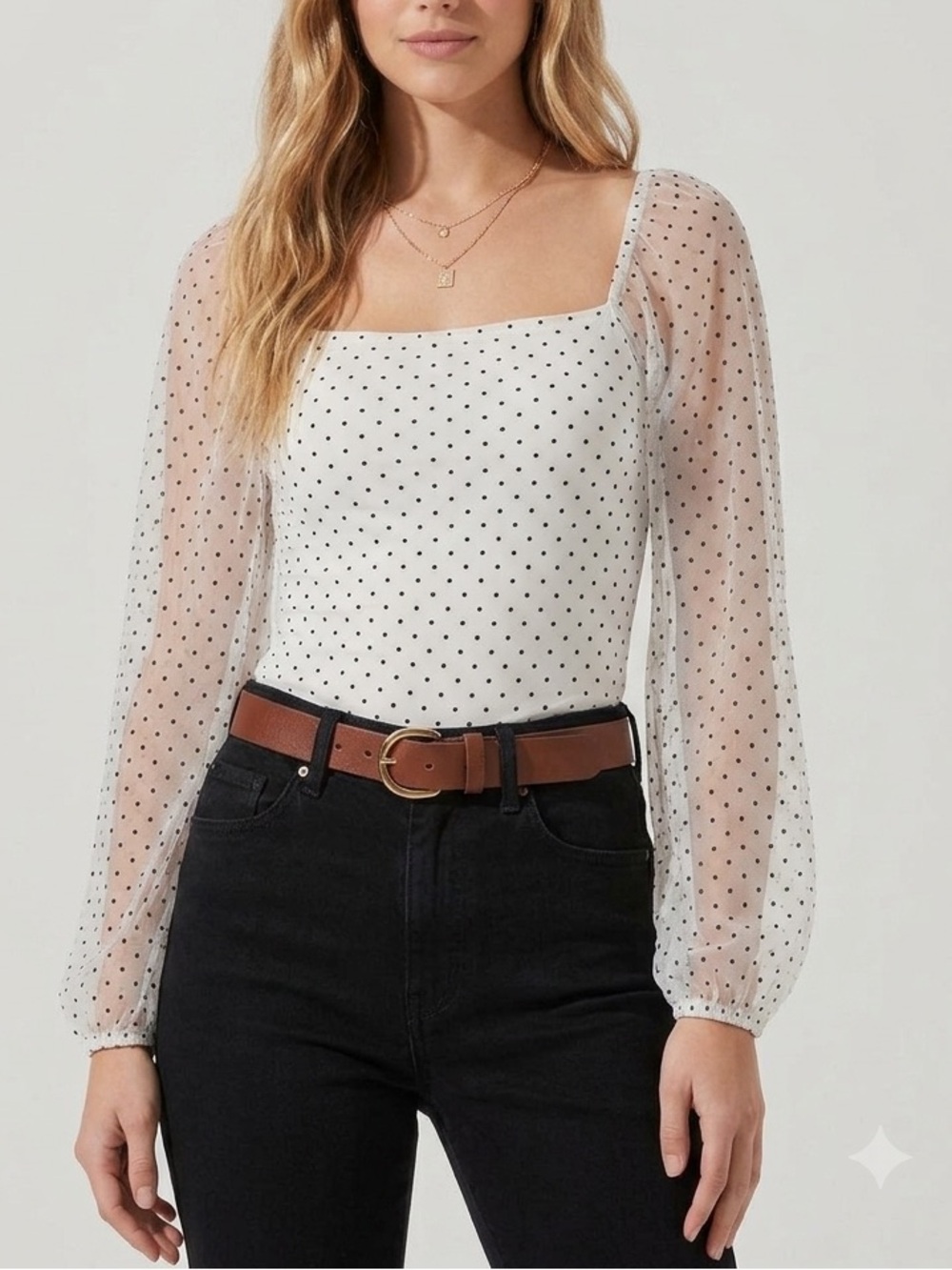 Le Lis White Bodysuit with Black Polka Dots and Sheer Puff Sleeves